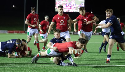 020224 - Wales v Scotland, U20 6 Nations 2024 - Harri Ackerman of Wales powers over to score but the try is dis-allowed