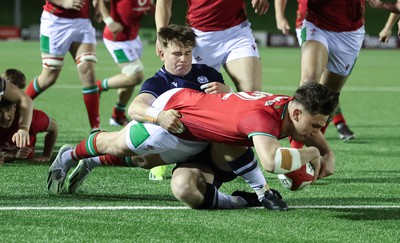 020224 - Wales v Scotland, U20 6 Nations 2024 - Harri Ackerman of Wales powers over to score but the try is dis-allowed