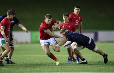 020224 - Wales v Scotland, U20 6 Nations 2024 - Harry Rees-Weldon of Wales takes on Freddy Douglas of Scotland