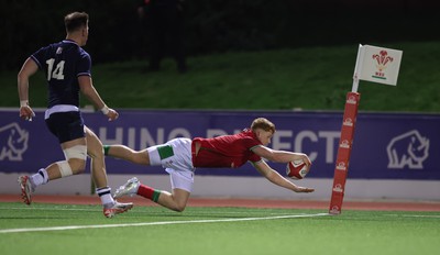 020224 - Wales v Scotland, U20 6 Nations 2024 - Walker Price of Wales dives in to score try