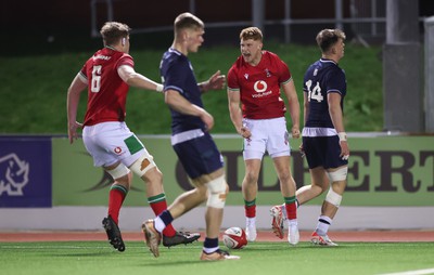 020224 - Wales v Scotland, U20 6 Nations 2024 - Walker Price of Wales celebrates after scoring try