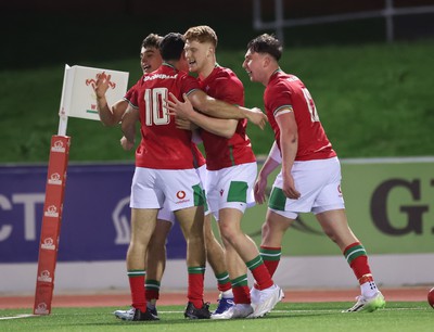 020224 - Wales v Scotland, U20 6 Nations 2024 - Walker Price of Wales celebrates after scoring try