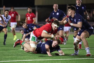 020224 - Wales v Scotland, U20 6 Nations 2024 - Morgan Morse of Wales powers through to score try