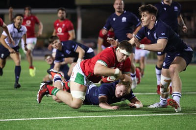 020224 - Wales v Scotland, U20 6 Nations 2024 - Morgan Morse of Wales powers through to score try