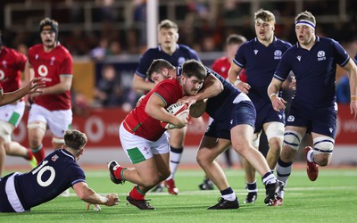 020224 - Wales v Scotland, U20 6 Nations 2024 - Harry Thomas of Wales charges forward