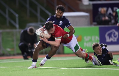 020224 - Wales v Scotland, U20 6 Nations 2024 - Harri Ackerman of Wales powers over to score his second try