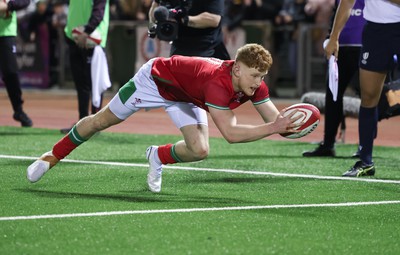 020224 - Wales v Scotland, U20 6 Nations 2024 - Walker Price of Wales dives in to score his second try