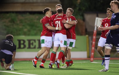 020224 - Wales v Scotland, U20 6 Nations 2024 - Wales celebrate after Rhodri Lewis of Wales scores try