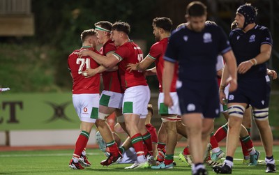 020224 - Wales v Scotland, U20 6 Nations 2024 - Wales celebrate after Rhodri Lewis of Wales scores try