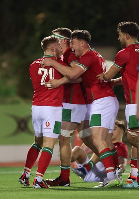 020224 - Wales v Scotland, U20 6 Nations 2024 - Wales celebrate after Rhodri Lewis of Wales scores try