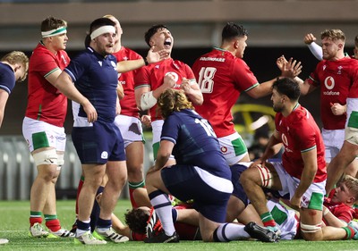 020224 - Wales v Scotland, U20 6 Nations 2024 - Wales players celebrate on the final whistle