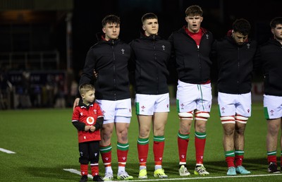 020224 - Wales v Scotland, U20 6 Nations 2024 - Wales players line up for the anthems