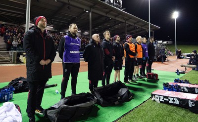 020224 - Wales v Scotland, U20 6 Nations 2024 - The Wales management lineup for the anthems