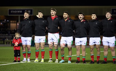 020224 - Wales v Scotland, U20 6 Nations 2024 - Wales players line up for the anthems