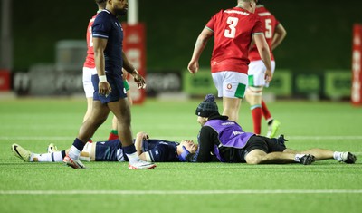 020224 - Wales v Scotland, U20 6 Nations 2024 - Tom Currie of Scotland is treated for an injury