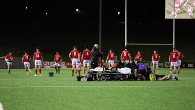 020224 - Wales v Scotland, U20 6 Nations 2024 - Tom Currie of Scotland receives treatment before being stretchered off