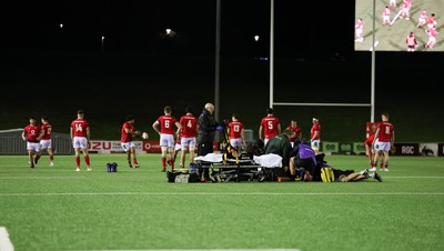 020224 - Wales v Scotland, U20 6 Nations 2024 - Tom Currie of Scotland receives treatment before being stretchered off