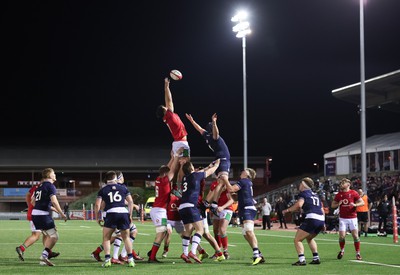 020224 - Wales v Scotland, U20 6 Nations 2024 - Lucas de la Rua of Wales takes the line out