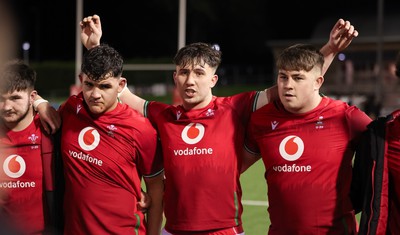 020224 - Wales v Scotland, U20 6 Nations 2024 - Harri Ackerman of Wales speaks to the players at the end of the match