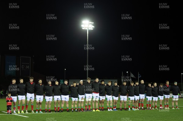 020224 - Wales v Scotland, U20 6 Nations 2024 - The Wales team lineup for the anthems
