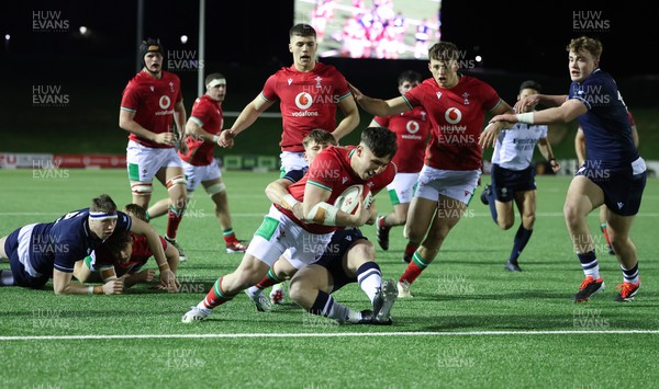 020224 - Wales v Scotland, U20 6 Nations 2024 - Harri Ackerman of Wales powers over to score but the try is dis-allowed