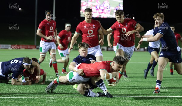 020224 - Wales v Scotland, U20 6 Nations 2024 - Harri Ackerman of Wales powers over to score but the try is dis-allowed