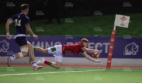 020224 - Wales v Scotland, U20 6 Nations 2024 - Walker Price of Wales dives in to score try