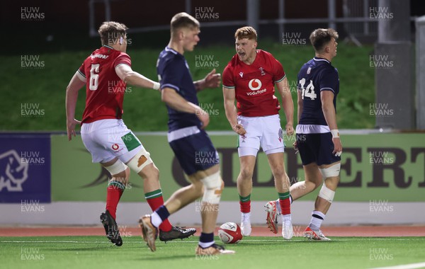 020224 - Wales v Scotland, U20 6 Nations 2024 - Walker Price of Wales celebrates after scoring try