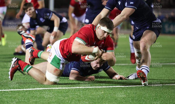 020224 - Wales v Scotland, U20 6 Nations 2024 - Morgan Morse of Wales powers through to score try