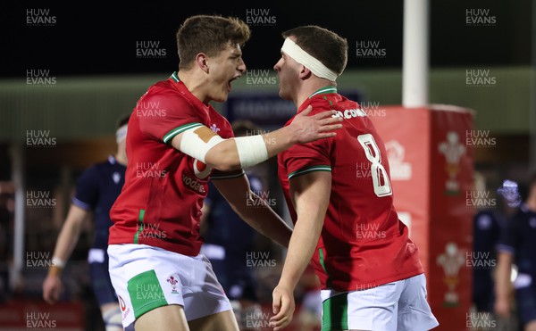 020224 - Wales v Scotland, U20 6 Nations 2024 - Morgan Morse of Wales celebrates with Ieuan Davies of Wales after scoring try