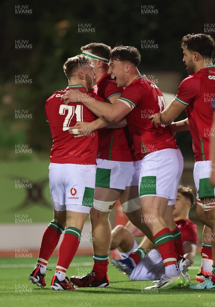 020224 - Wales v Scotland, U20 6 Nations 2024 - Wales celebrate after Rhodri Lewis of Wales scores try