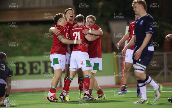 020224 - Wales v Scotland, U20 6 Nations 2024 - Wales celebrate after Rhodri Lewis of Wales scores try