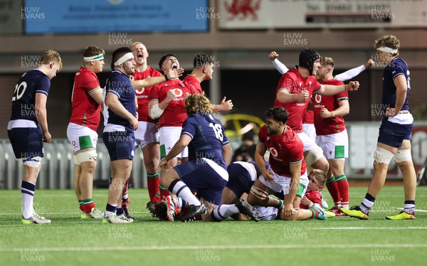 020224 - Wales v Scotland, U20 6 Nations 2024 - Wales players celebrate on the final whistle