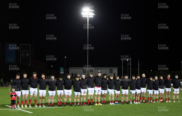 020224 - Wales v Scotland, U20 6 Nations 2024 - Wales players line up for the anthems