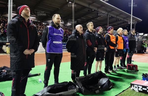 020224 - Wales v Scotland, U20 6 Nations 2024 - The Wales management lineup for the anthems