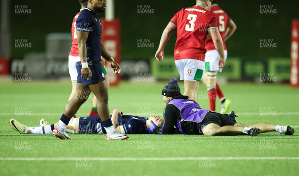 020224 - Wales v Scotland, U20 6 Nations 2024 - Tom Currie of Scotland is treated for an injury