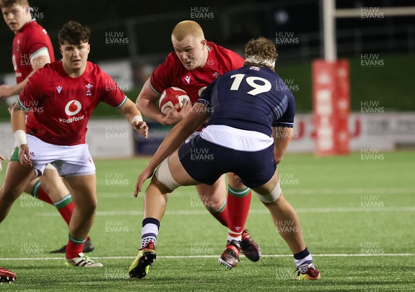 020224 - Wales v Scotland, U20 6 Nations 2024 -Freddie Chapman of Wales takes on Archie Clarke of Scotland