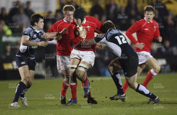 08.02.08 ... Wales U20 v Scotland U20, Newport -  Wales' Josh Turnbull is tackled by Scotlands' Stephen McColl and James Murray 