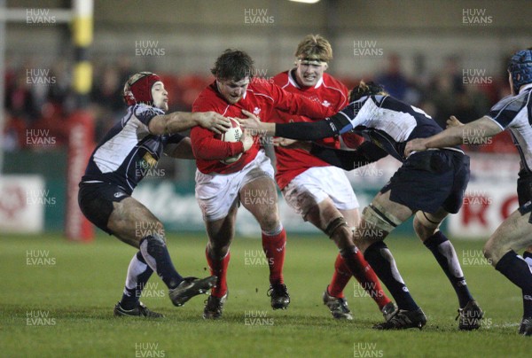 08.02.08 ... Wales U20 v Scotland U20, Newport -  Wales' Ryan Prosser is tackled by Scotlands' Lewis Calder and Josh Brown 