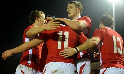 100212 - Wales Under 20 v Scotland Under 20 - Under 20 Six Nations -Luke Morgan(11) of Wales celebrates his try with team-mates