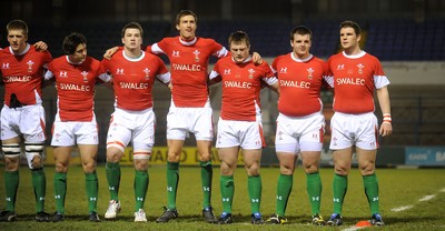 12.02.10 - Wales Under 20 v Scotland Under 20 - Under 20 Six Nations - Dan Watchurst, Simon Gardiner, Rhys Williams, Matthew Jarvis, Morgan Allen, Rhys Downes and Lloyd Peers of Wales. 