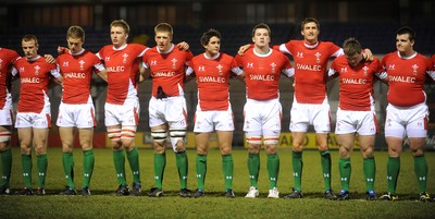 12.02.10 - Wales Under 20 v Scotland Under 20 - Under 20 Six Nations - Wales players line up for the national anthems. 