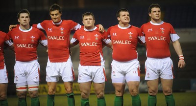 12.02.10 - Wales Under 20 v Scotland Under 20 - Under 20 Six Nations - Dan Watchurst, Simon Gardiner, Rhys Williams, Matthew Jarvis and Morgan Allen of Wales. 