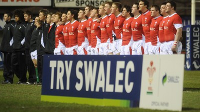 12.02.10 - Wales Under 20 v Scotland Under 20 - Under 20 Six Nations - Wales players line up for the national anthems. 