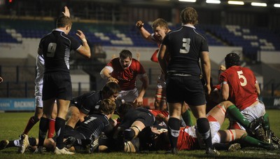 12.02.10 - Wales Under 20 v Scotland Under 20 - Under 20 Six Nations - Wales players celebrate a Simon Gardiner try. 