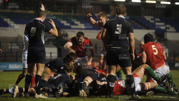 12.02.10 - Wales Under 20 v Scotland Under 20 - Under 20 Six Nations - Wales players celebrate a Simon Gardiner try. 