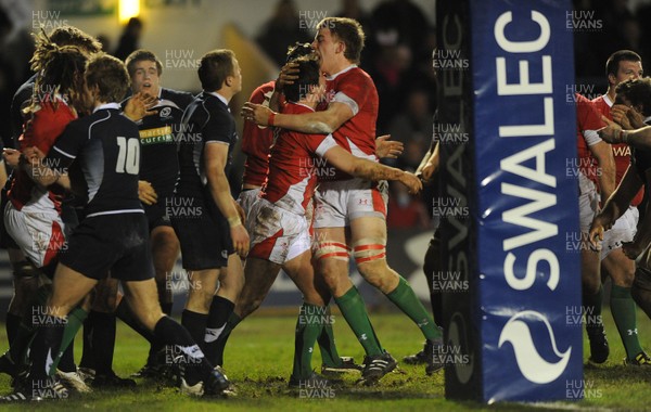 12.02.10 - Wales Under 20 v Scotland Under 20 - Under 20 Six Nations - Rhys Downes(L) of Wales celebrates his try 