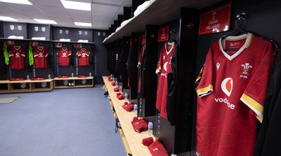 200226 - Wales U20 v Scotland U20, 2026 U20 Six Nations - Match jerseys hang in the Wales changing room
