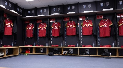 200226 - Wales U20 v Scotland U20, 2026 U20 Six Nations - Match jerseys hang in the Wales changing room