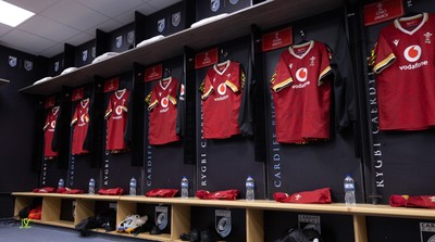200226 - Wales U20 v Scotland U20, 2026 U20 Six Nations - Match jerseys hang in the Wales changing room